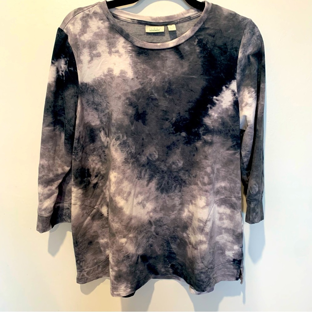 LOGO Lounge 3/4 Sleeve  Black and Gray Tie-Dye Top Size M